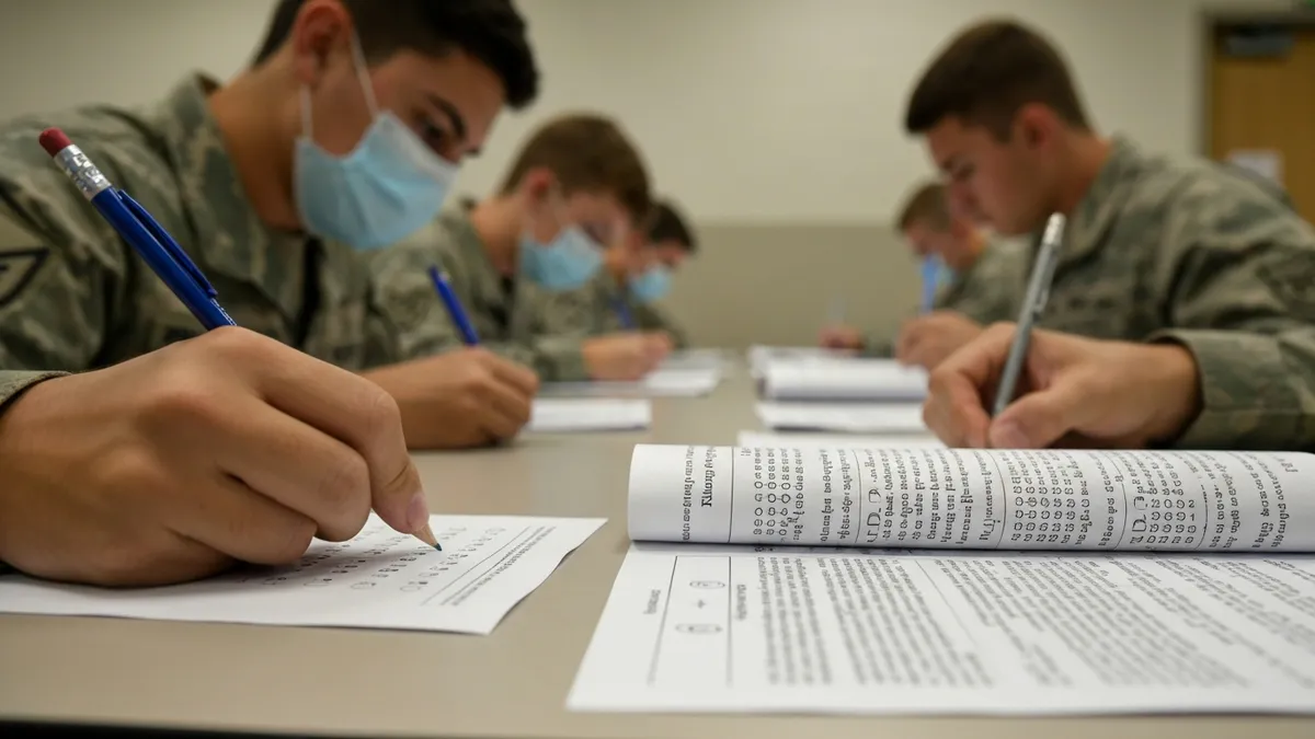 Foreign military students reviewing ALCPT practice materials to achieve ECL eligibility scores