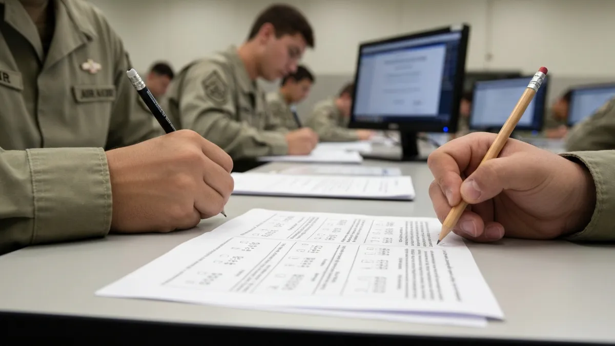 Military English student practicing listening comprehension with headphones and study materials