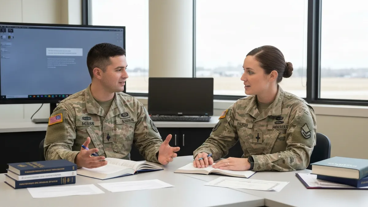 Military English student using headphones to practice ALCPT listening comprehension exercises