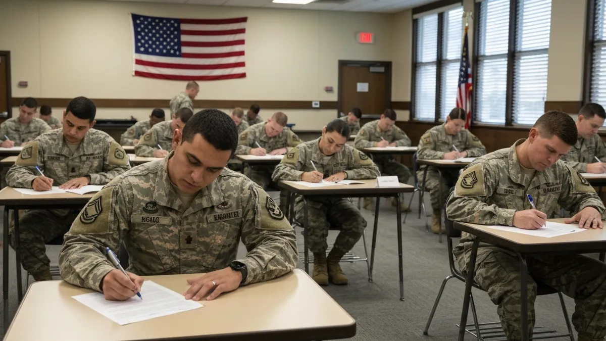 DLI classroom setting with soldiers practicing English listening drills on headphones