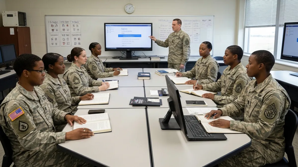 Military student practicing English listening comprehension with headphones