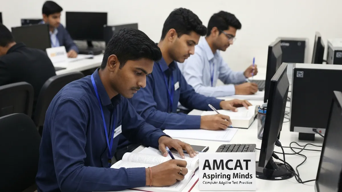 Engineering students at a computer lab reviewing AMCAT Computer Skills practice questions for IT job placement