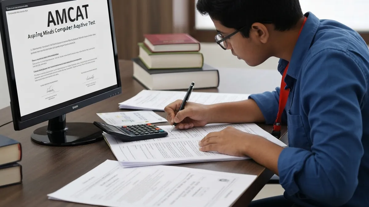 Student solving AMCAT quantitative problems on paper with a calculator and formula sheet nearby