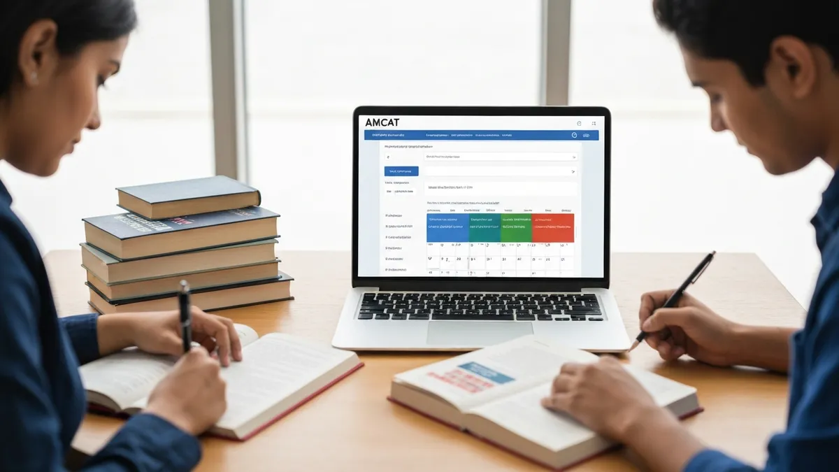 Screenshot-style illustration of the AMCAT registration portal on a laptop showing the account creation form and slot booking calendar