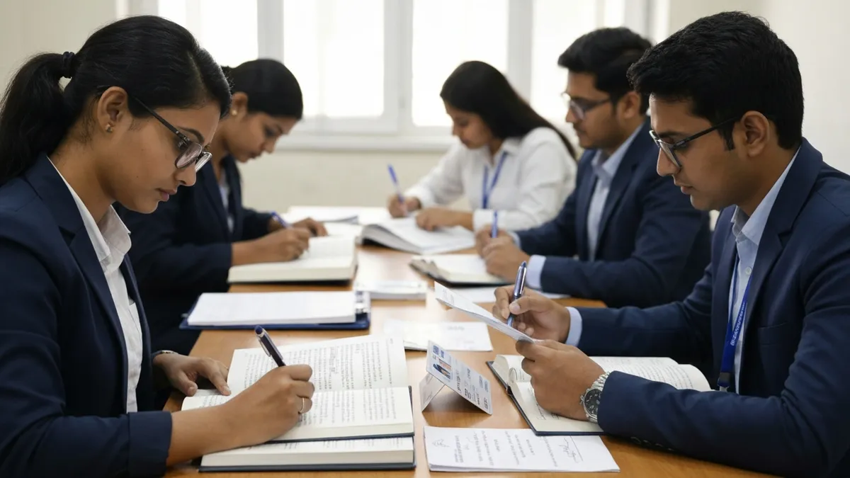 Engineering graduates reviewing their AMCAT admit cards and identification documents before entering a test center in India
