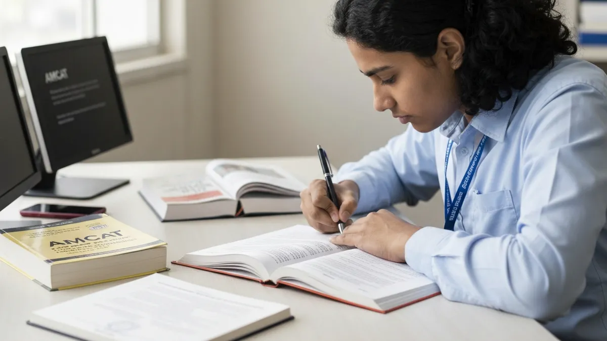 Student studying for AMCAT exam with structured daily schedule and practice test materials
