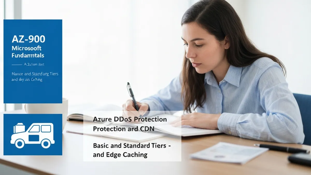 Azure DDoS Protection and CDN diagram for AZ-900 certification study showing Basic vs Standard tiers and edge caching