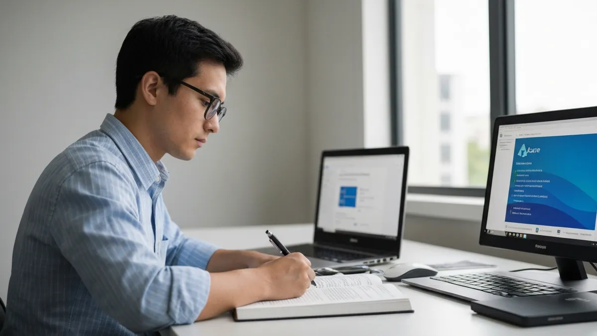 IT professional studying for Azure certification with laptop and Azure portal open