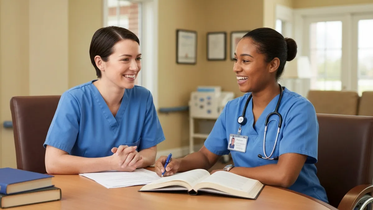 CNA reviewing state renewal requirements on a computer at a healthcare facility