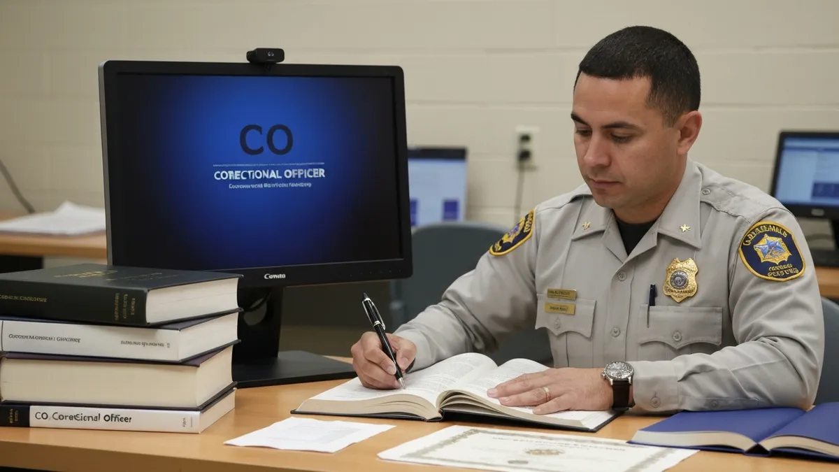 Colorado DOC correctional officer in uniform inside state prison facility with corrections career training materials