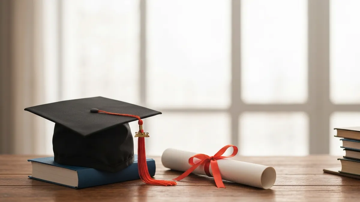 Adult GED graduate downloading official diploma from myGED account at GED.com after passing all four high school equivalency subjects