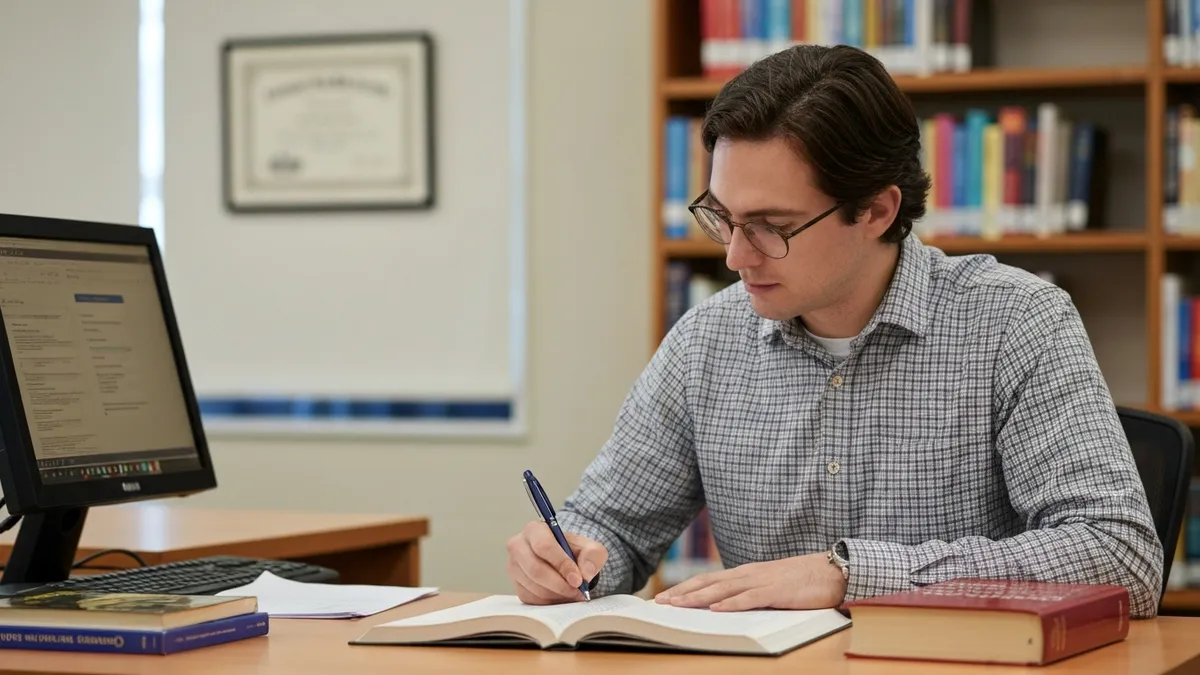 Student reviewing graded GED practice test PDF with answer key corrections and notes for score improvement tracking