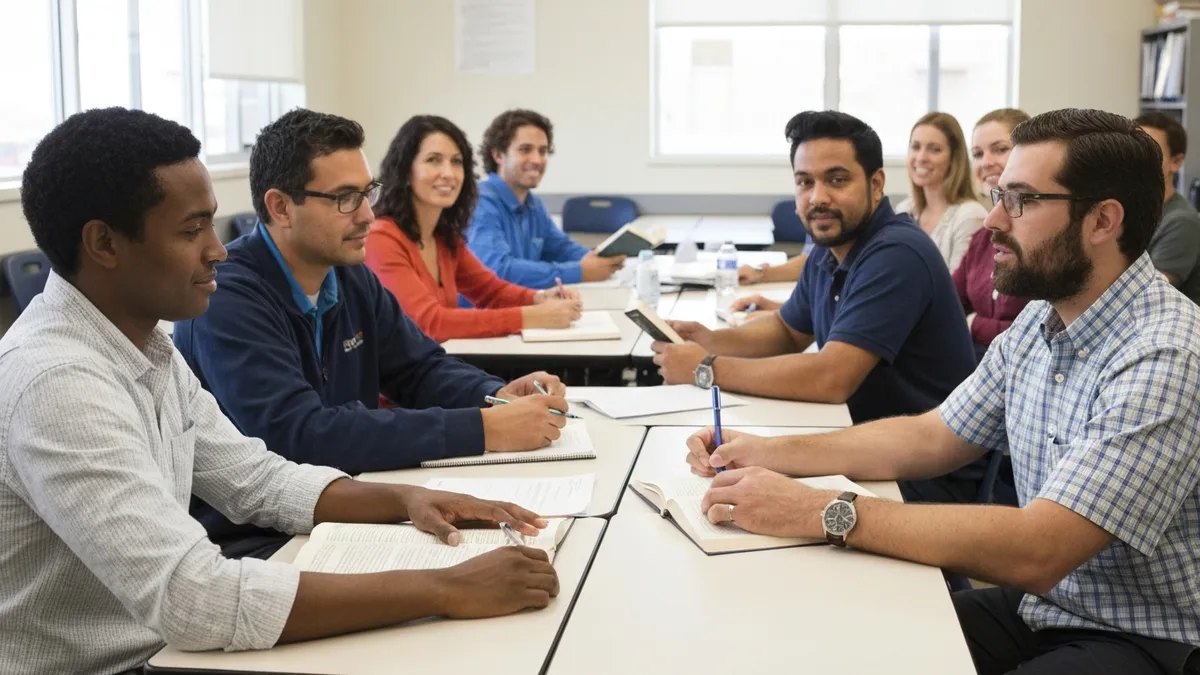 GED instructor reviewing student practice test results and providing individualized feedback for adult education program at library