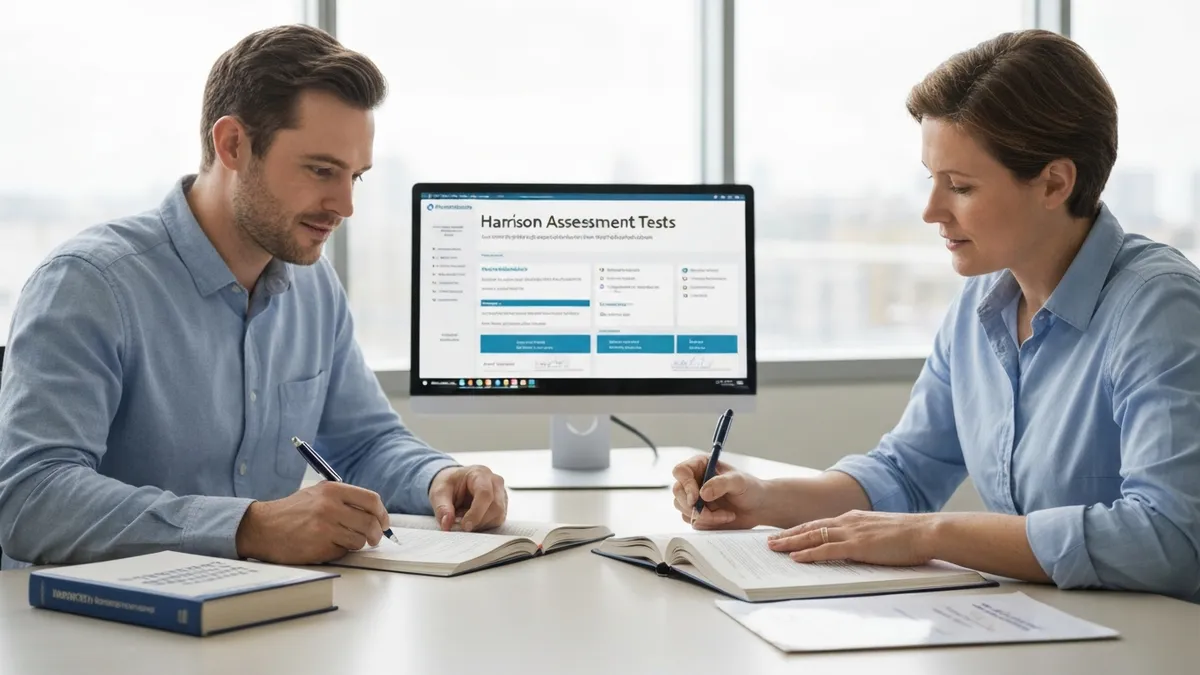 HR professional reviewing Harrison Assessment job fit report with candidate during pre-employment hiring process