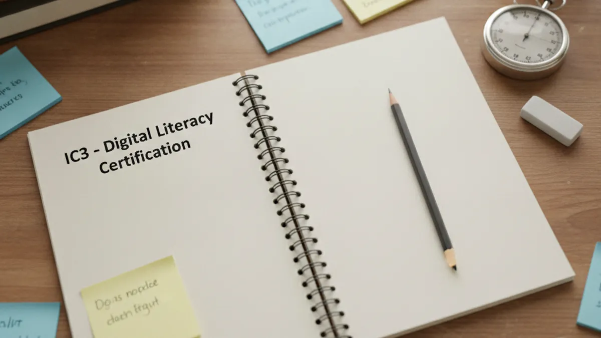 IC3 exam study desk with workbook and timer for the Digital Literacy certification review