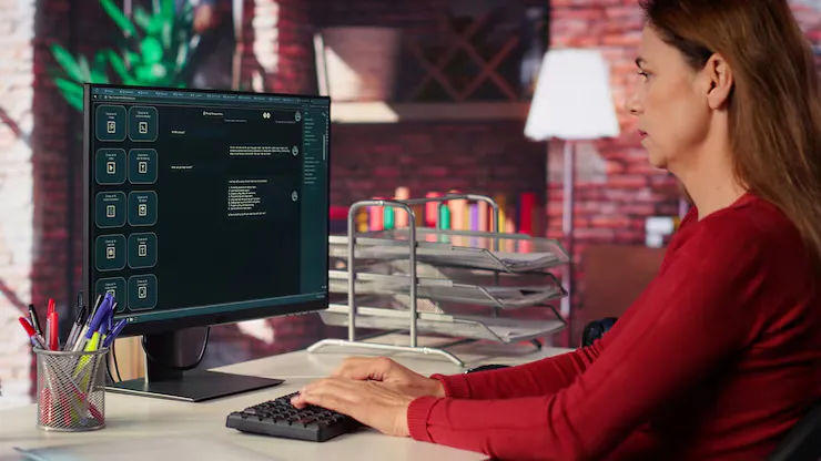 Woman Typing Prompts Into Ai Powered Chat System Her Computer - LPI Linux Essentials study guide