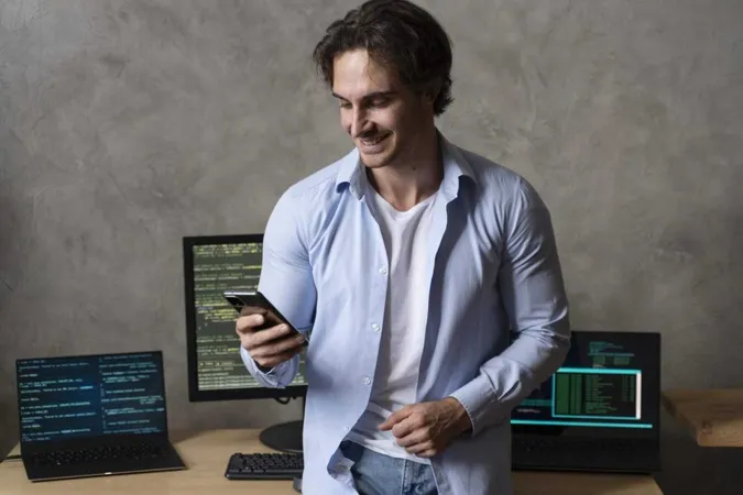 Medium Shot Smiley Programmer Holding Phone X - Associate Android Developer Certification study guide