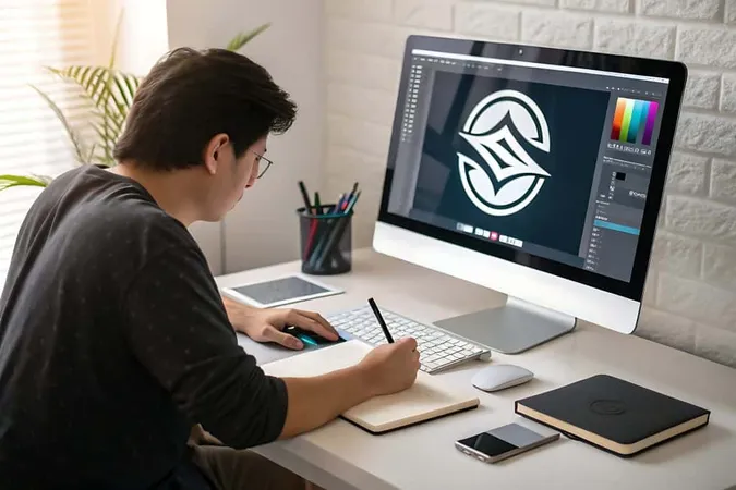 Man Works Computer With Black White Logo Screen X - Adobe Certified Associate study guide