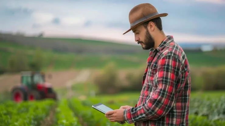Man Standing Field Looking Tablet - Accredited Farm Manager Certification study guide