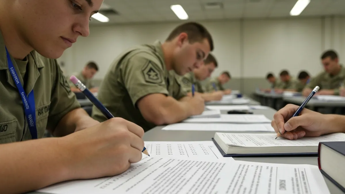 International military students studying English language materials for ALCPT preparation at a defense language training center
