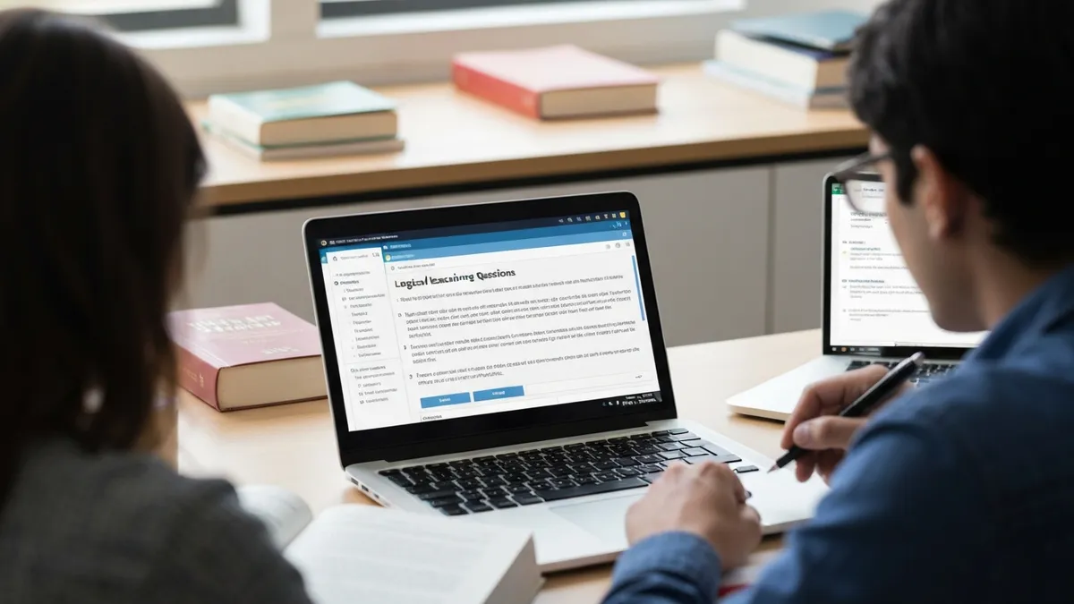 AMCAT computer adaptive test interface showing logical reasoning questions on a laptop screen