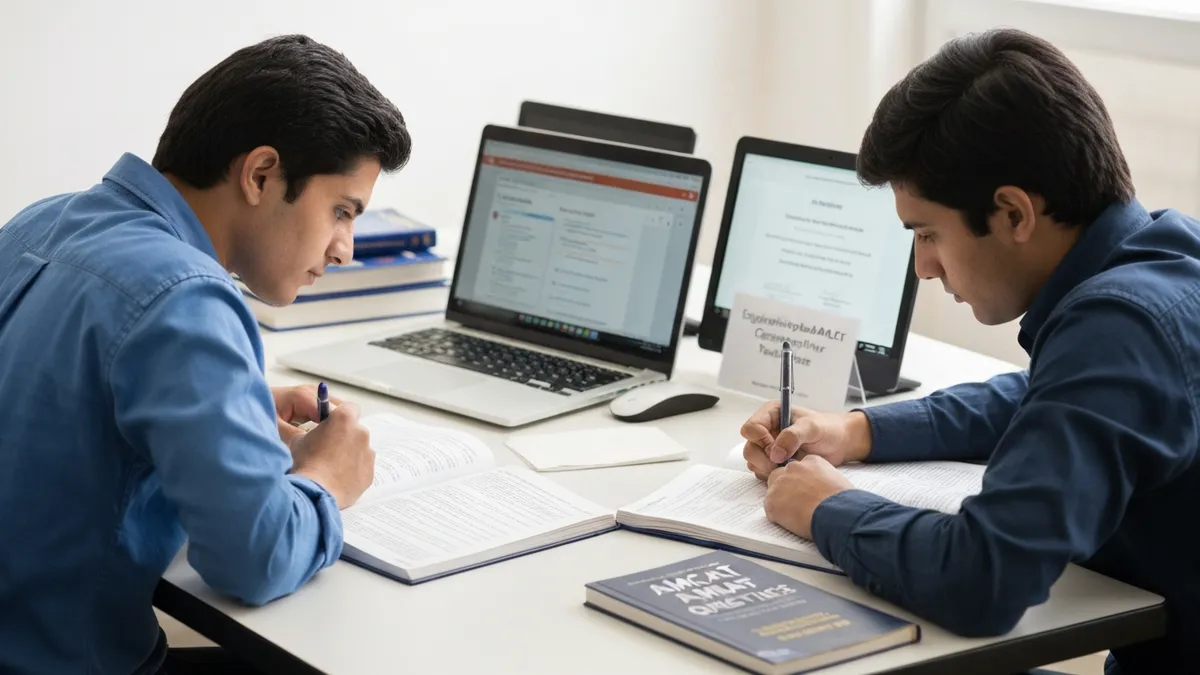 Engineering student studying for AMCAT assessment with practice materials and laptop showing quantitative questions