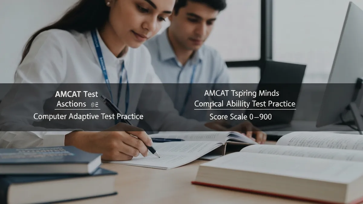 AMCAT test sections diagram showing English, Logical Ability and Quantitative modules with score scale 0 to 900