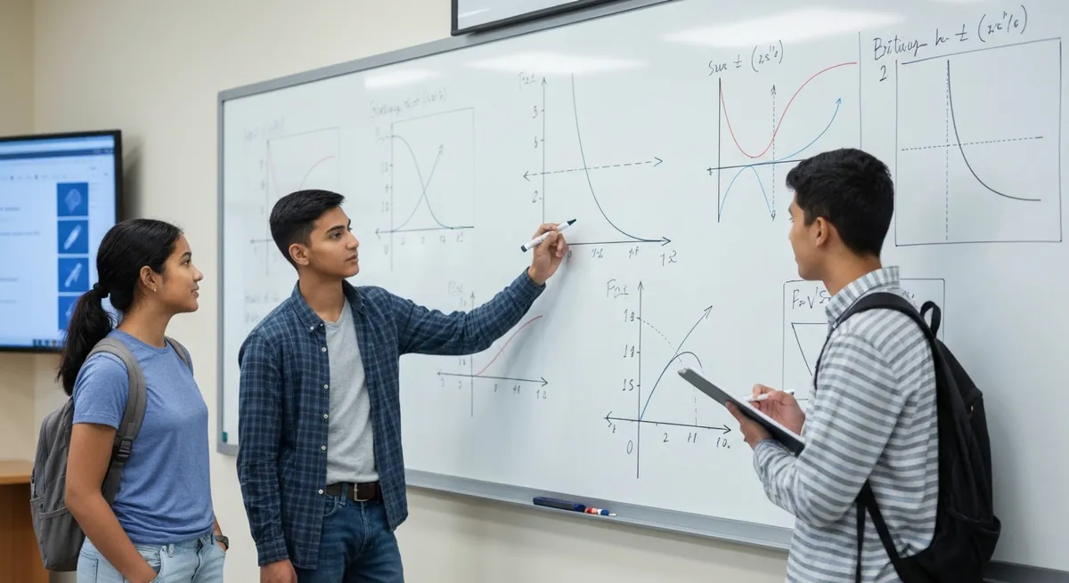 A diverse group of students collaborating on AP Calculus problems on a whiteboard.