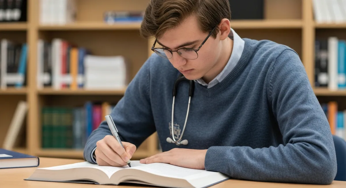 A student using effective study tips for their AP exams, focused on a textbook.
