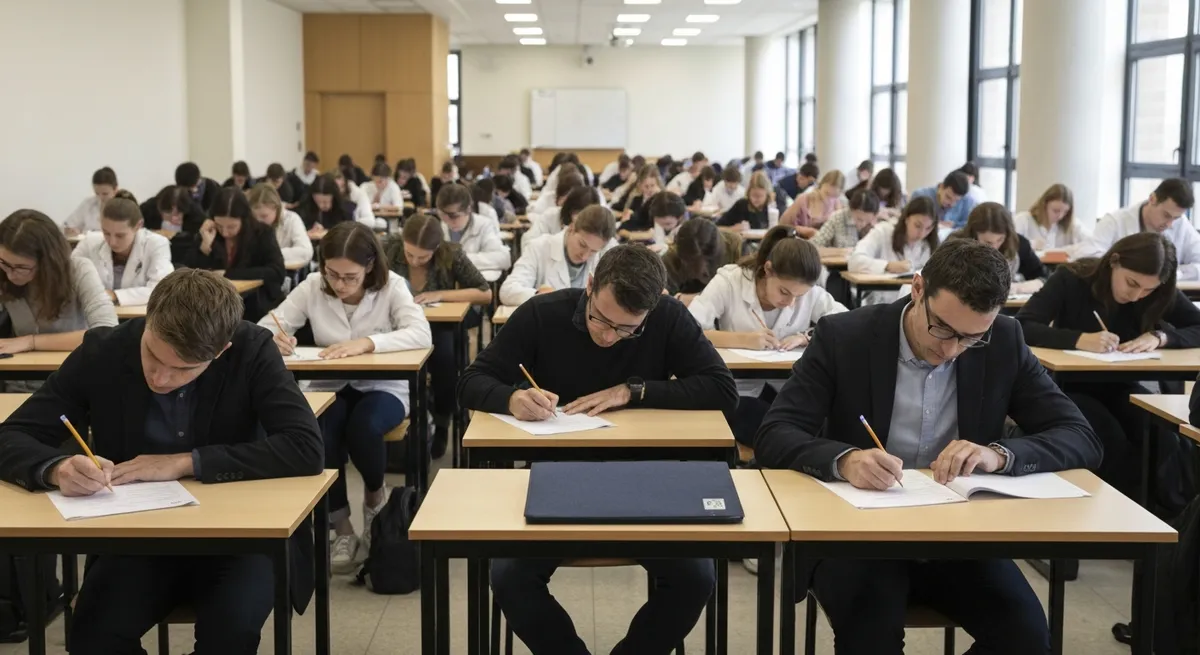 Students in a quiet hall on test day, a culmination of the AP exam schedule.