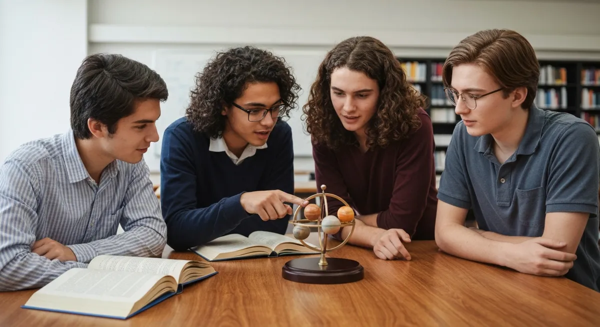 A group of students collaborating on AP Physics circular motion and gravitation concepts.