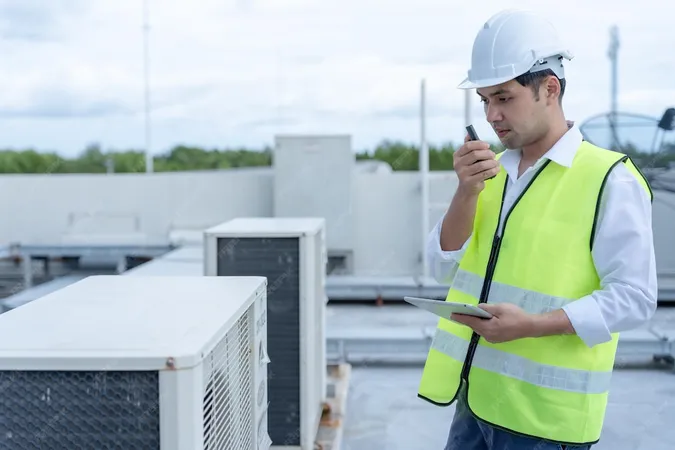 Asian Maintenance Engineer Works Roof Factory Contractor Inspect Compressor System - Air Quality Specialist Certification study guide