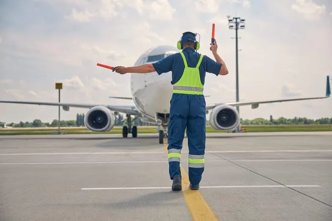 Back View Experienced Aircraft Marshaller Making Turn Right Signal Airplane X - Airport Ramp Services study guide