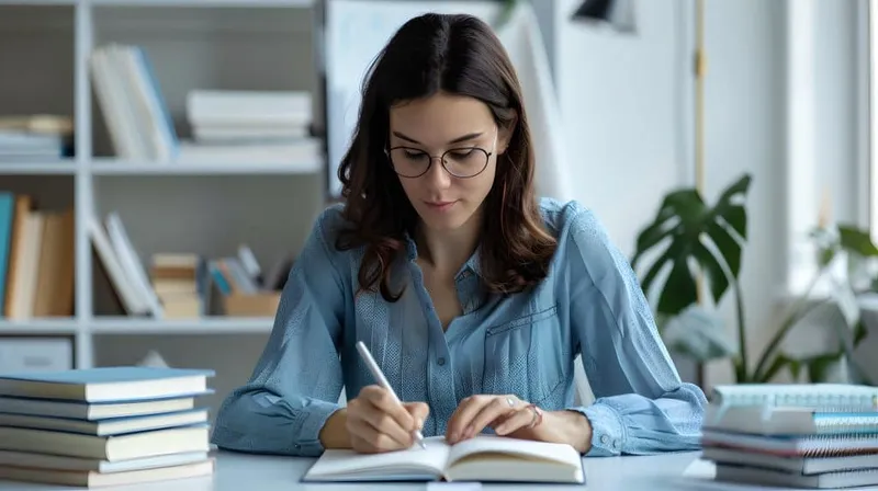 Focused Professional Working Intently Desk Woman Engrossed Writing Surrounded By Books Casual Office Setting Ideal Business Education Themes Ai X - Academic Selection Entrance Test study guide