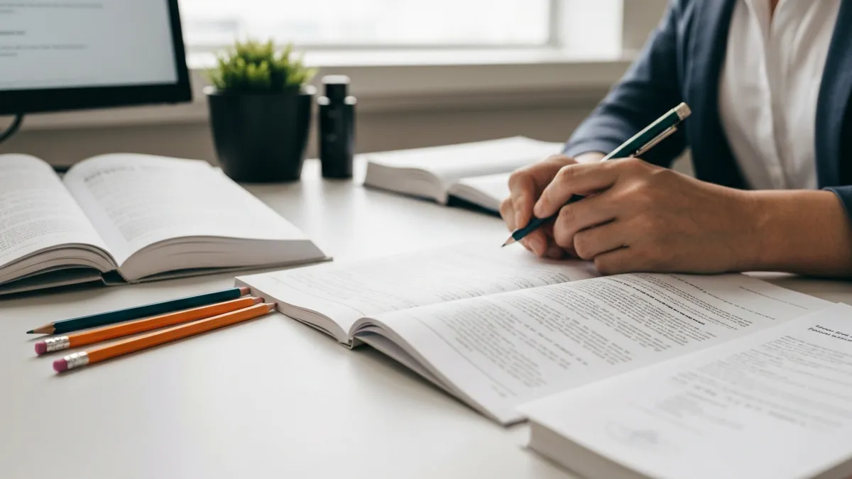 Prospective military recruit studying ASVAB practice materials at a desk to improve their score before testing