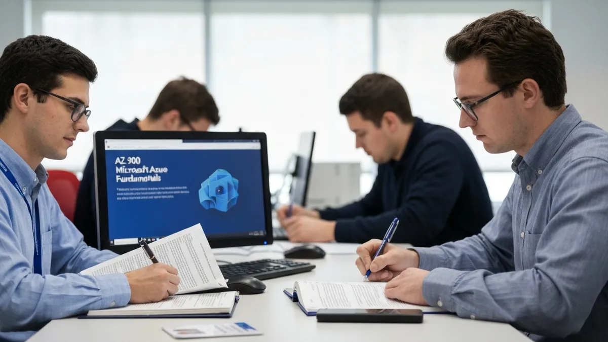 IT professional passing the AZ-900 Microsoft Azure Fundamentals certification test at a Pearson VUE testing center