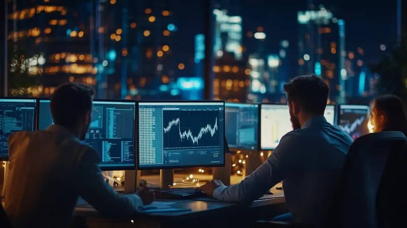 Three Professionals Analyze Market Trends Using Multiple Computer Monitors Bustling City Office Night X - Business Analyst study guide