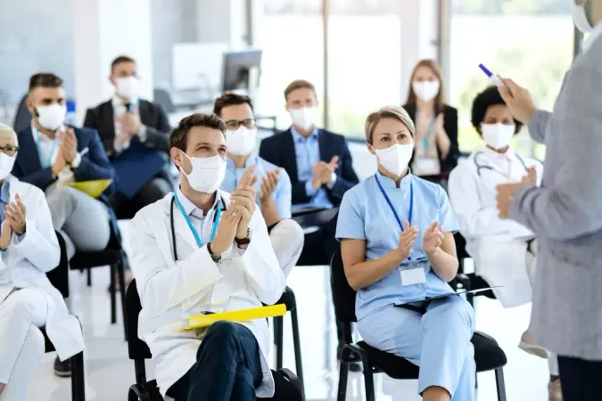 Healthcare Workers Business People Wearing Face Masks Applauding Seminar X - Board of Certification in Anesthesiology study guide