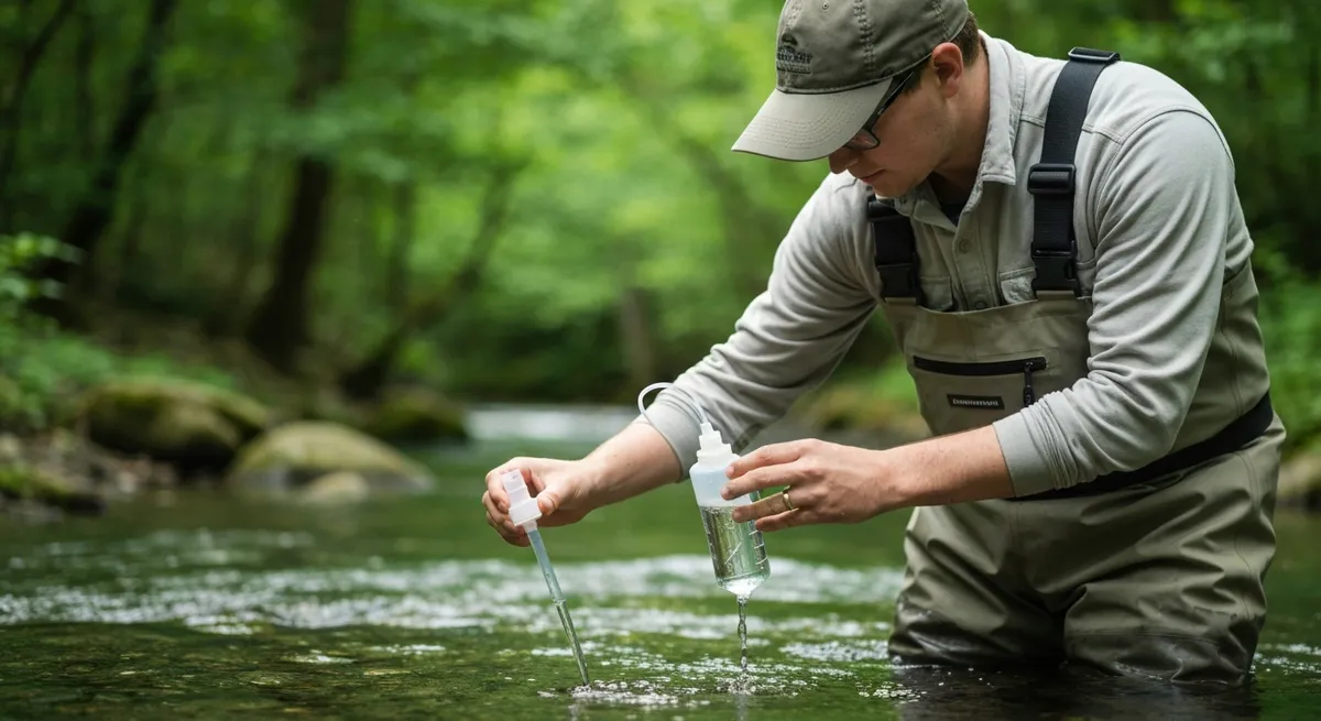 An environmental scientist with a biology degree kneels by a stream to collect a water sample for research.