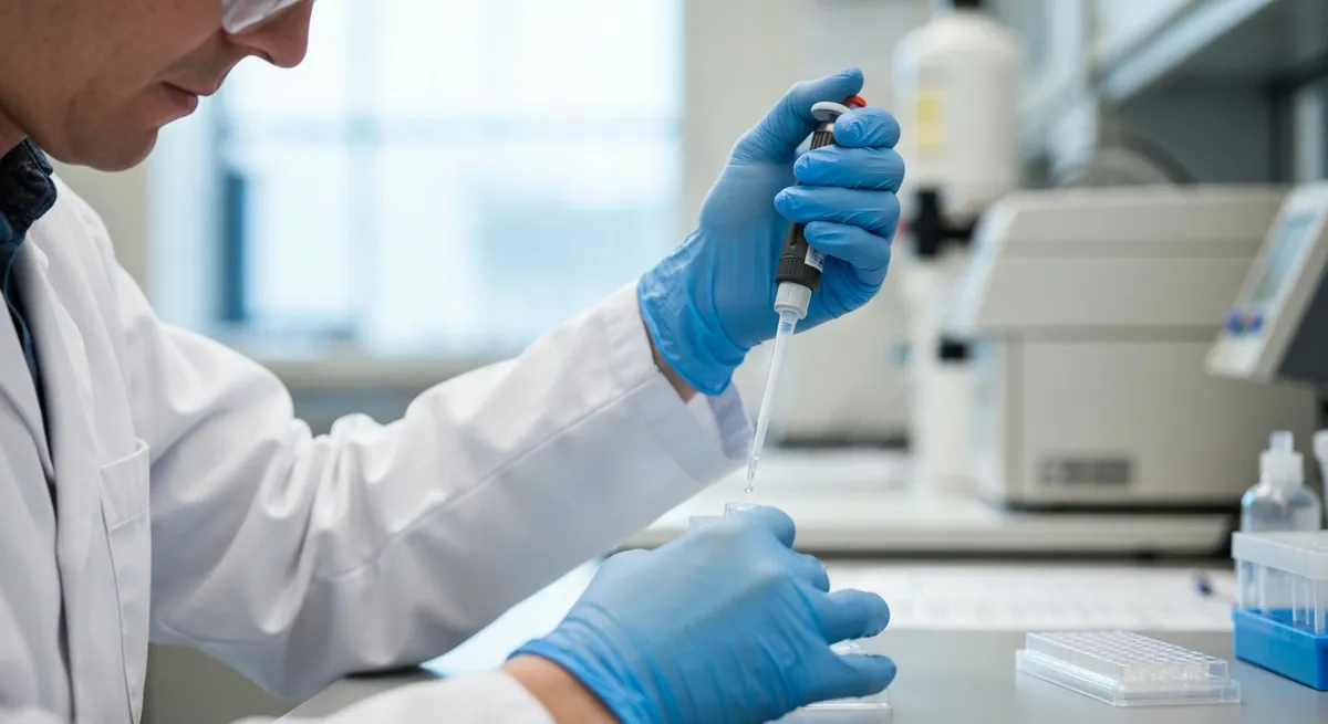 A microbiologist in a clean lab coat and gloves uses a micropipette, a common career for someone with a biology degree.