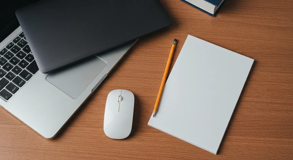 A close-up of the tools needed for a digital SAT practice test, including a laptop, mouse, and scratch paper.
