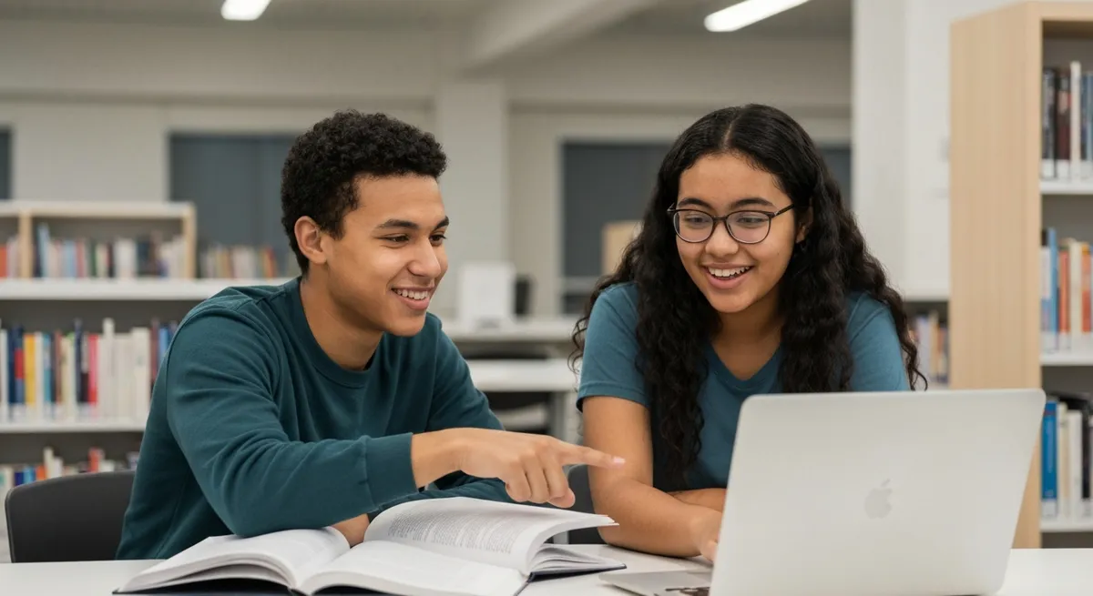 Two students collaborating over a laptop, showing confidence in their digital SAT practice and the accuracy of the Bluebook tests.