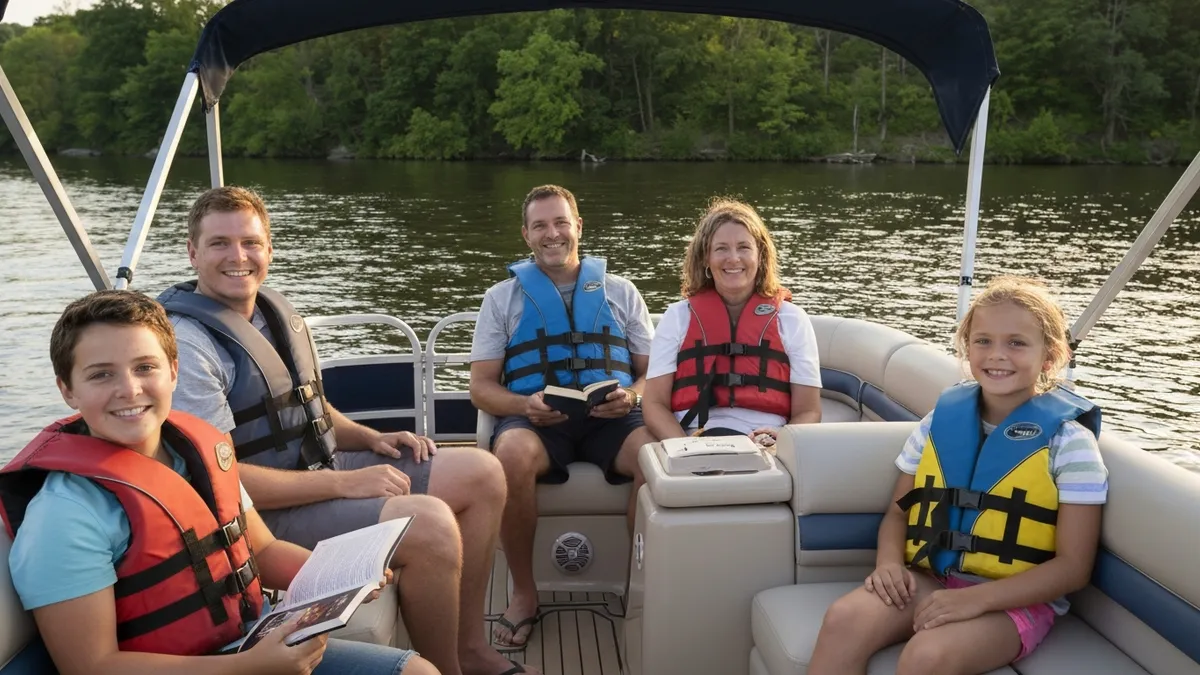 Safety equipment laid out on a boat deck including life vests and fire extinguisher