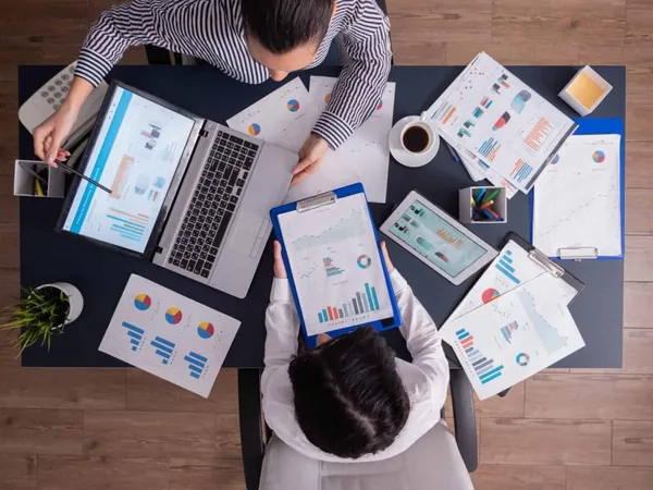 Top Viewtop View Manager Employee Doing Teamwork Business Office Looking Charts Laptop Display X - Certified Analytics Professional study guide