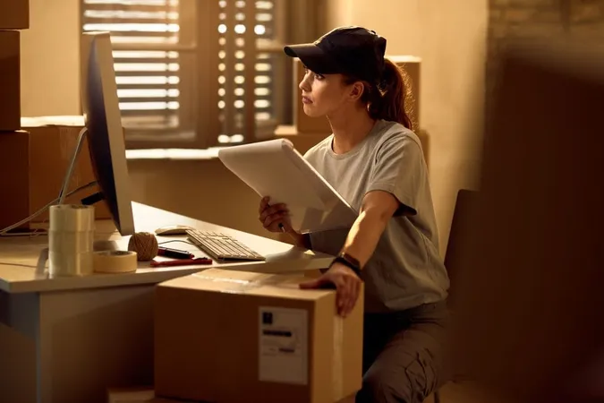 Female Courier Reading Data Desktop Pc While Preparing Delivery Office X - Coding Accuracy Support System Certification study guide