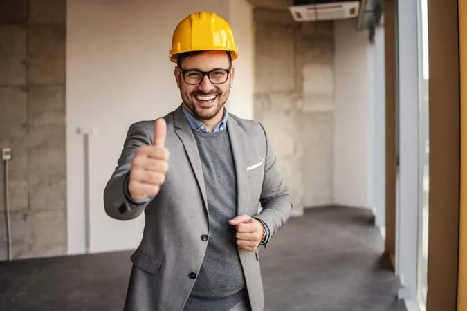 Smiling Architect Standing Building Construction Process Showing Thumbs Up X - Certified Builder Professional study guide