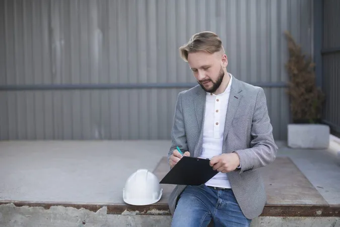 Portrait Young Handsome Architect Writing Clipboard Outdoors X - Certified Construction Specifier study guide