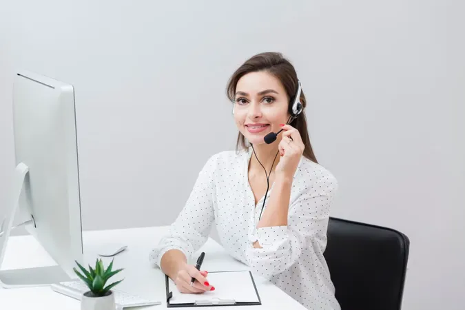 Front View Smiley Woman Posing With Headset Desk 23 X - Certified Customer Service Representative study guide