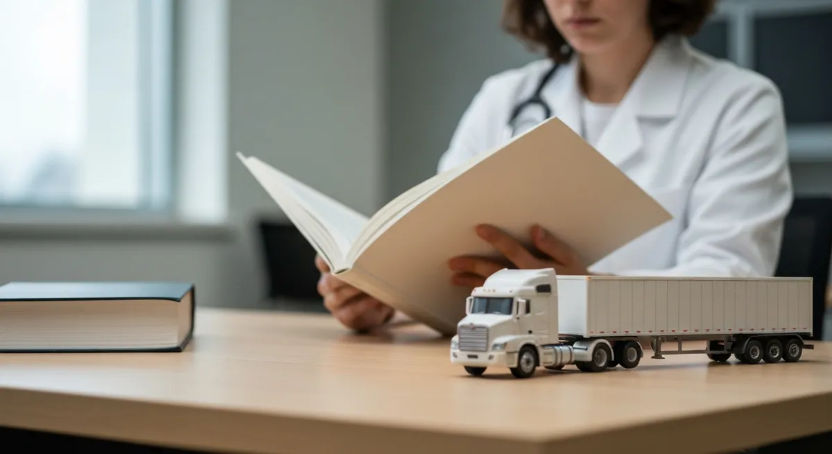 A person studying at a desk with a model truck, indicating the CDL permit study phase.