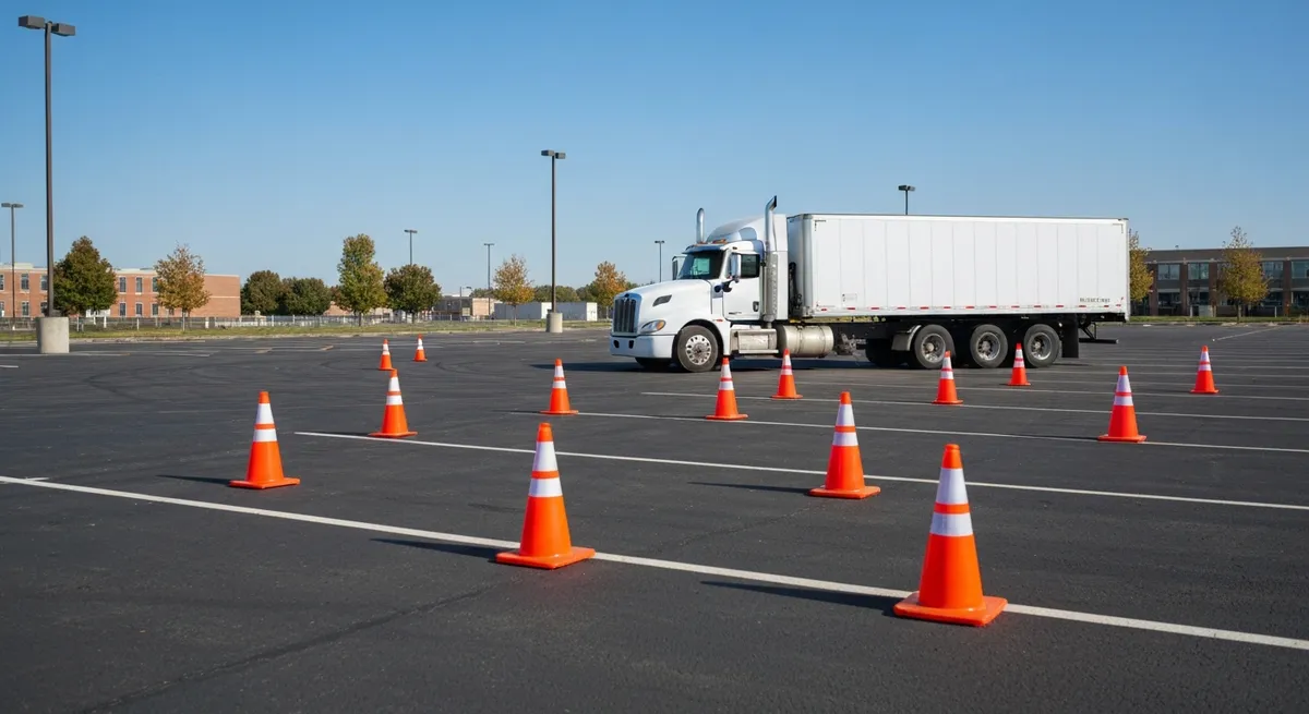 A semi-truck maneuvering through a cone course as part of the CDL skills test.
